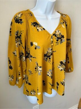 🟢 5 for $25 🟢 Mustard Cottagecore Boho Floral Peasant Blouse Balloon Sleeve Top
